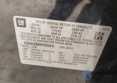 2015 Chevrolet Equinox 2Lt from USA, damaged, VIN 2GNALCEK6F6282241